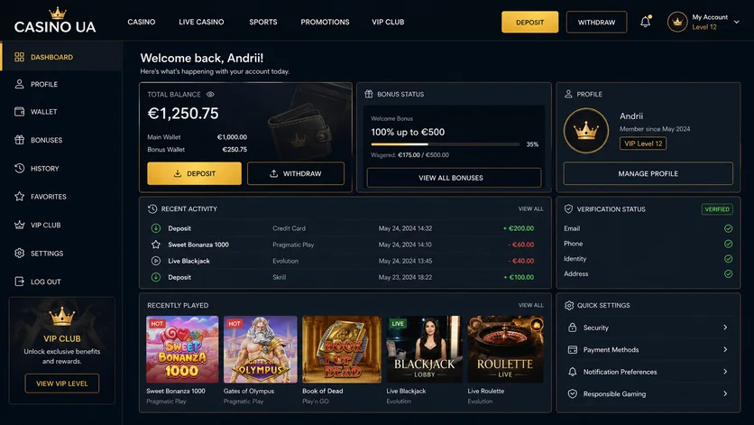 Личный кабинет Casino UA после авторизации с отображением баланса, активных бонусов, истории ставок, доступом к кассе и настройками профиля