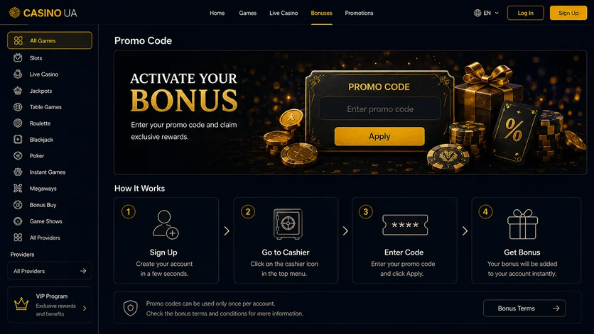 Активация промокода Casino UA в личном кабинете с вводом кода в разделе Акции, проверкой условий бонуса и мгновенным зачислением награды на счёт