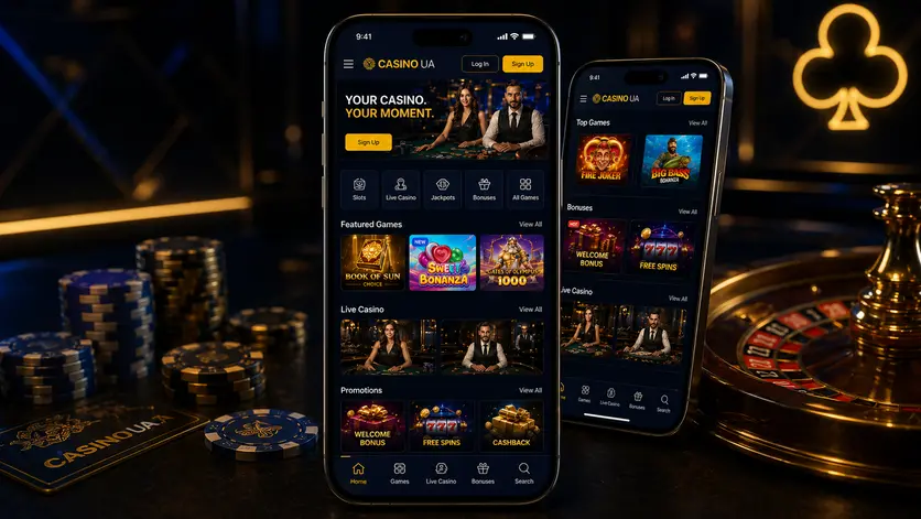 Мобильная версия Casino UA с адаптивным интерфейсом, полным каталогом игр, лайв-казино и ставками на спорт через браузер смартфона без установки приложения