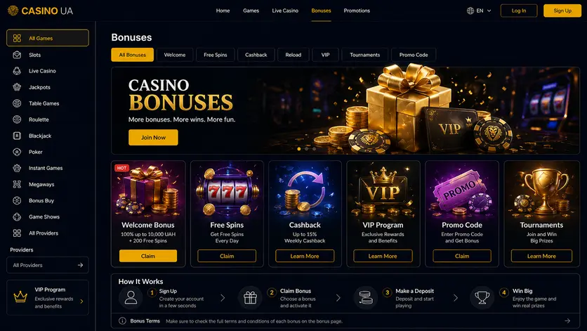 Страница промоакций Casino UA с приветственным пакетом, фриспинами, кешбэком, турнирами и эксклюзивными бонусами для новых и постоянных игроков