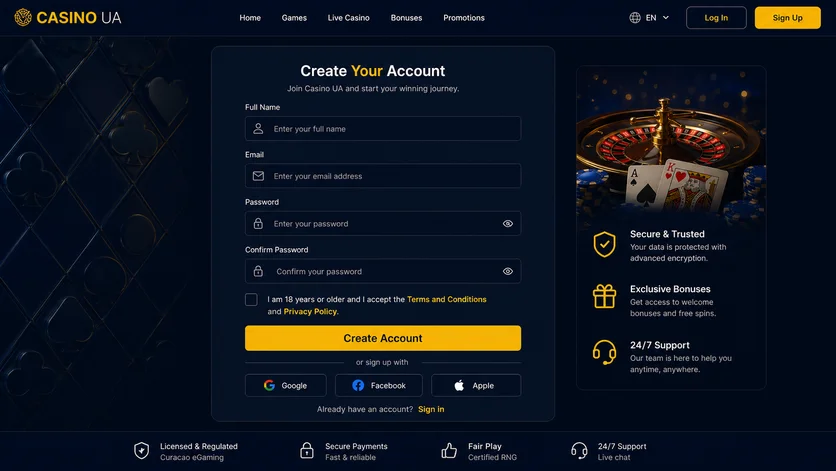 Форма регистрации Казино ЮА с полями email, телефона, пароля, выбором валюты гривня, согласием с правилами 18+ и кнопкой Создать аккаунт